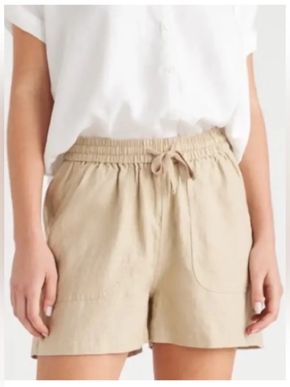 Quince Casual Drawstring 100% European Linen Shorts- Khaki - Picture 4 of 5